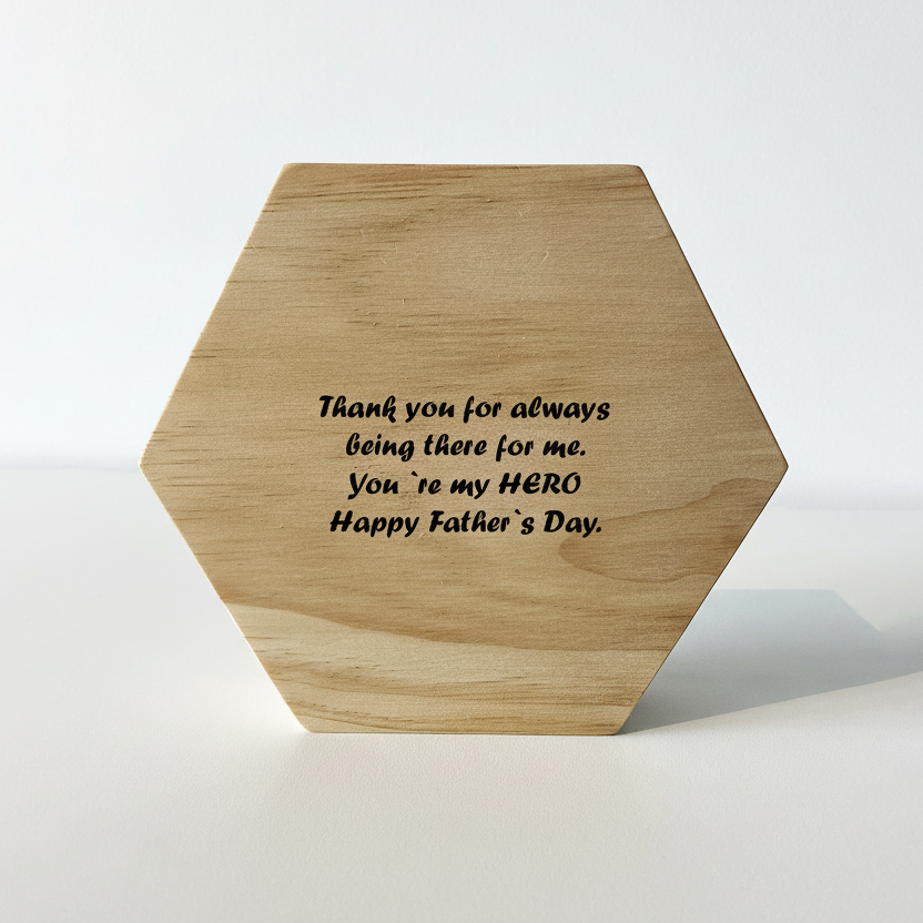 Hexagonal wooden plaque with Father's Day message on a white background